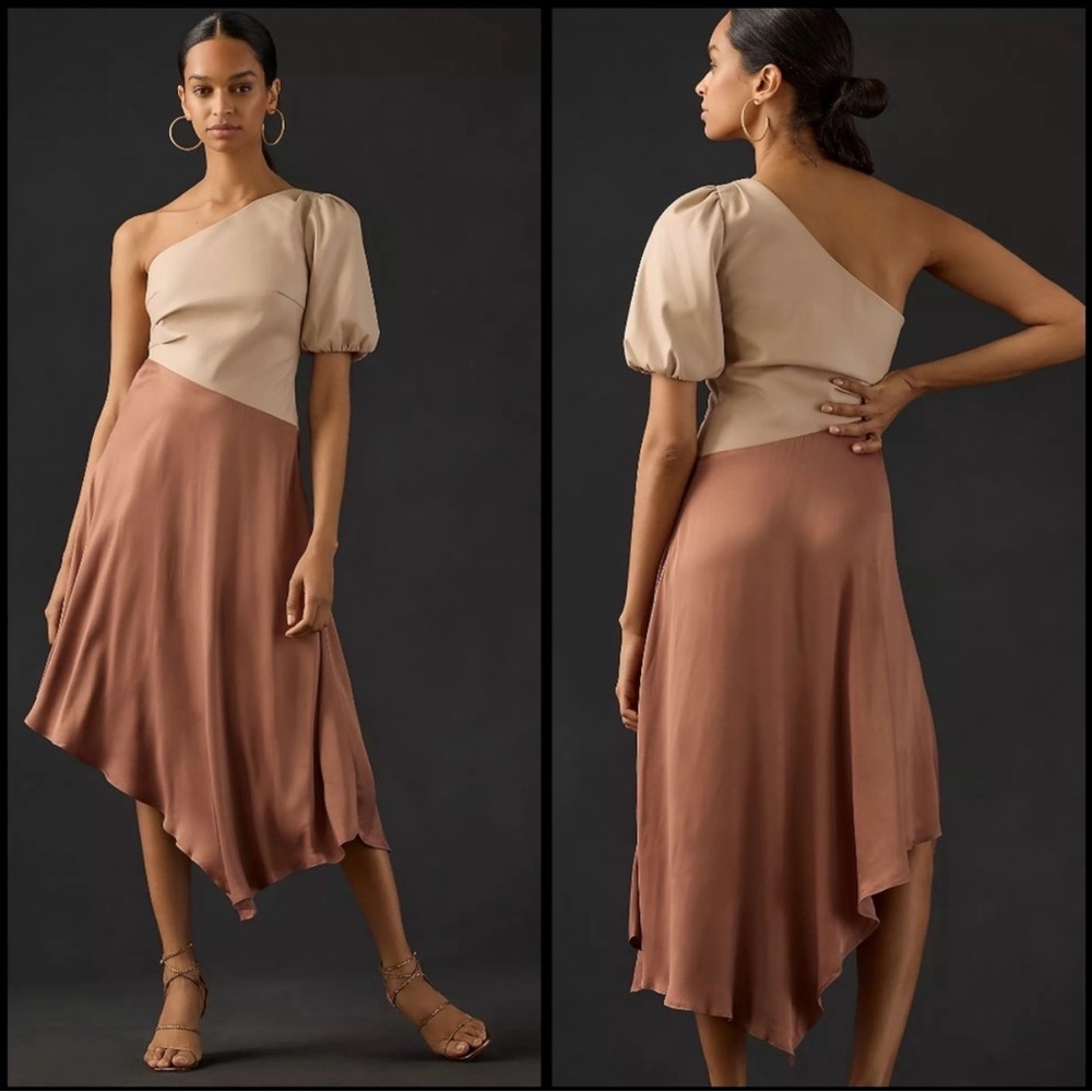 By Anthropologie Faux Leather One-Shoulder Asymmetrical Midi Dress